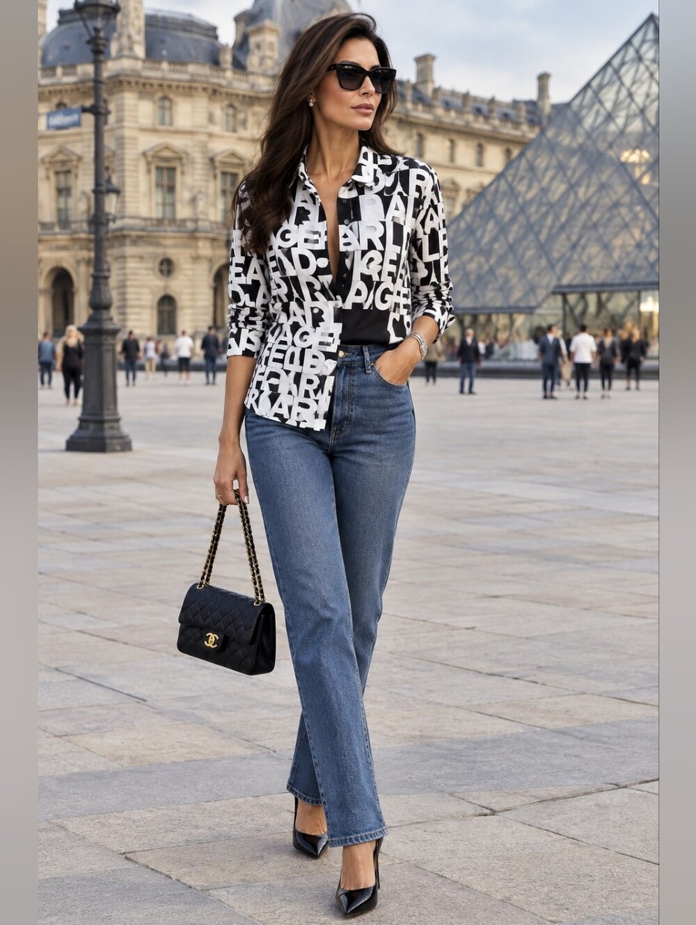 Karl Lagerfeld Black and White Logo Print Button-Down Shirt